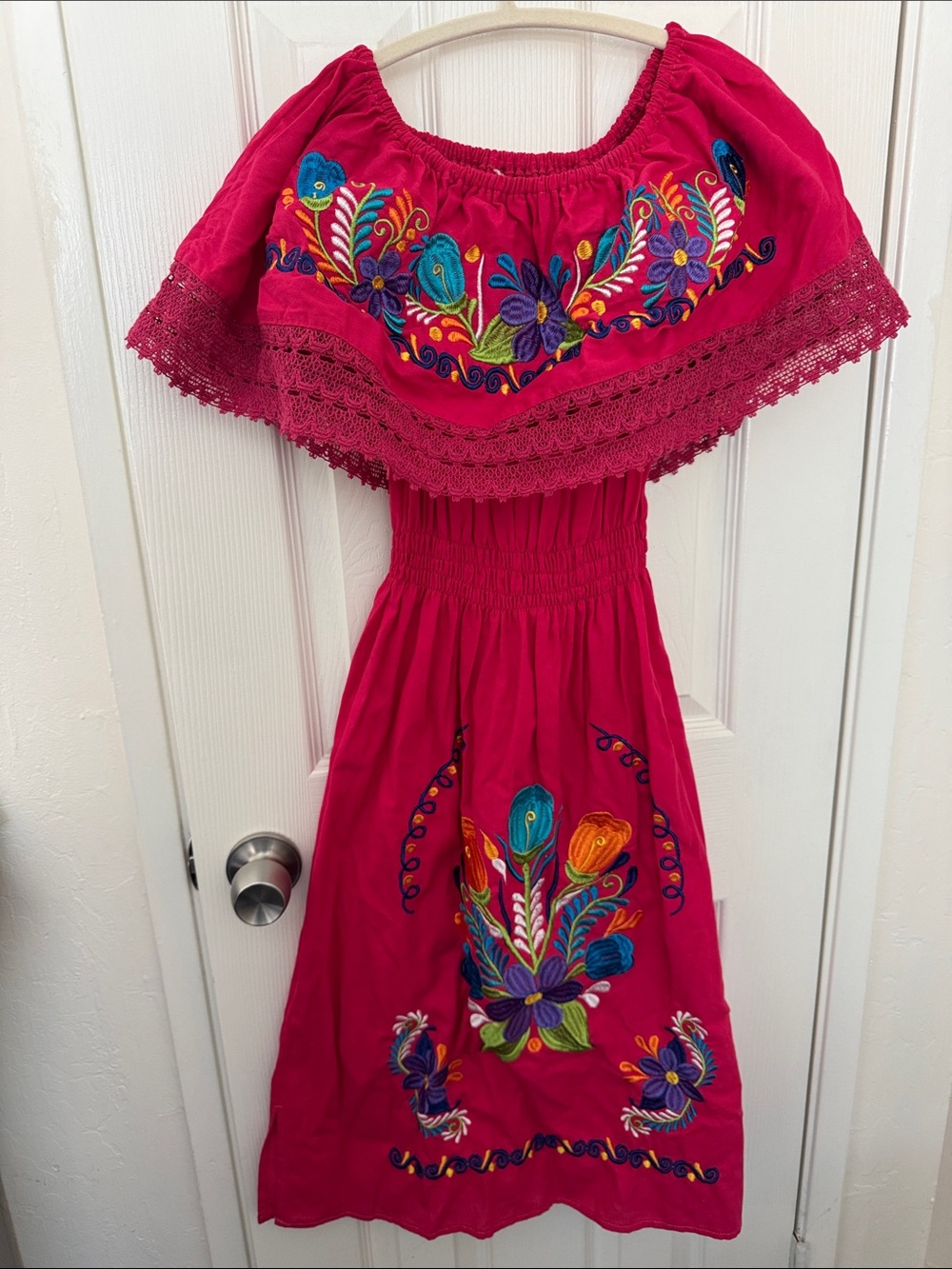 Off-Shoulder Embroidered Fuchsia Casual Dress